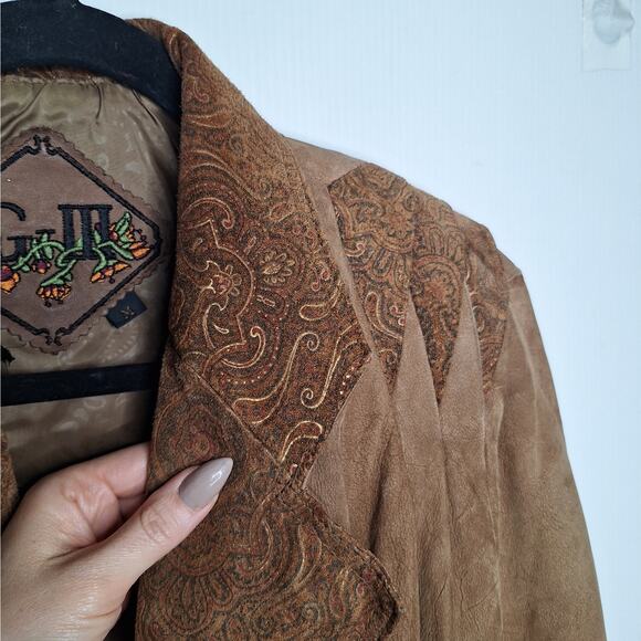 Vintage 80s G-III Paisley Leather Crop Bomber Jacket Western Cowgirl M Paisley - Picture 3 of 16